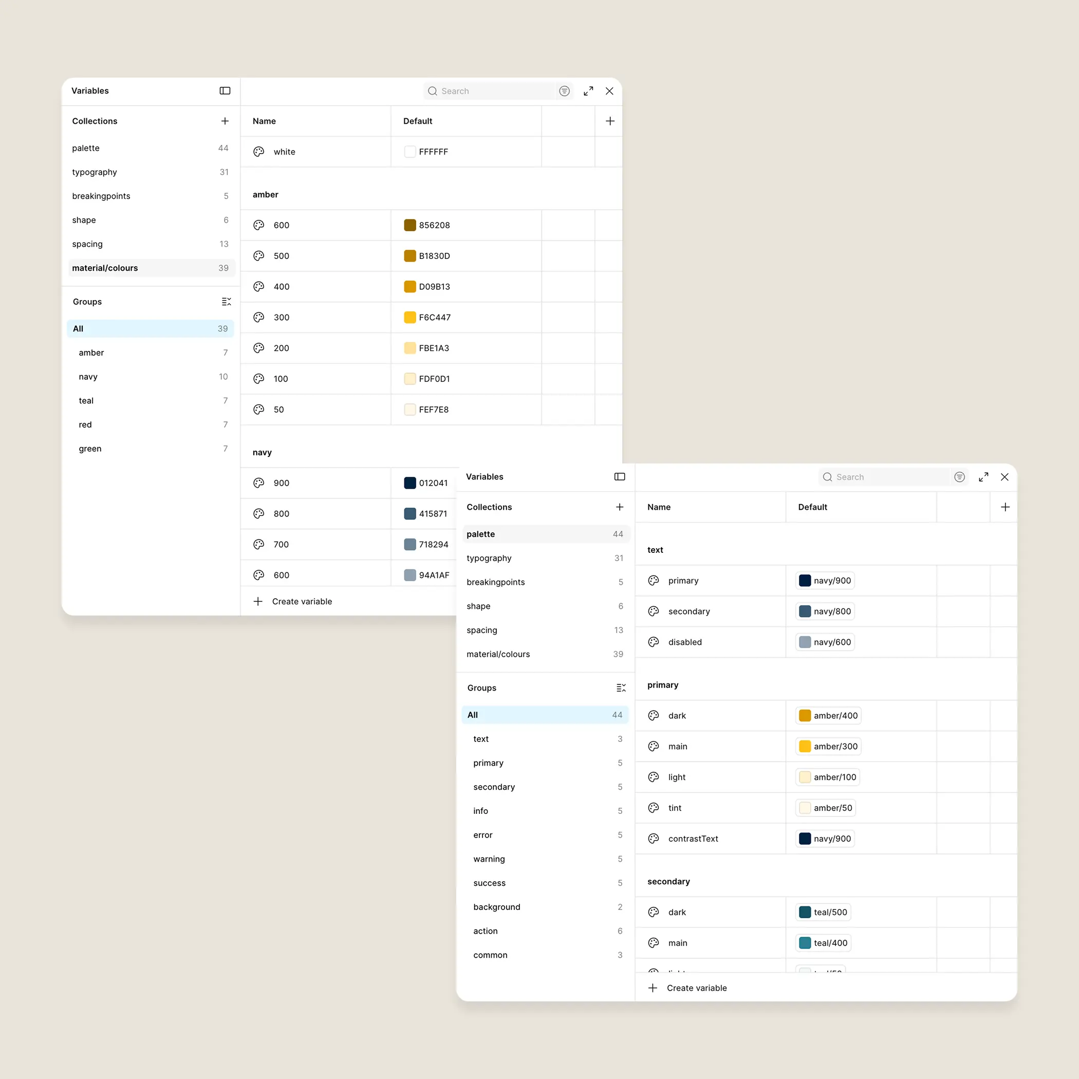 Figma variables panel — primitive values and semantic aliases