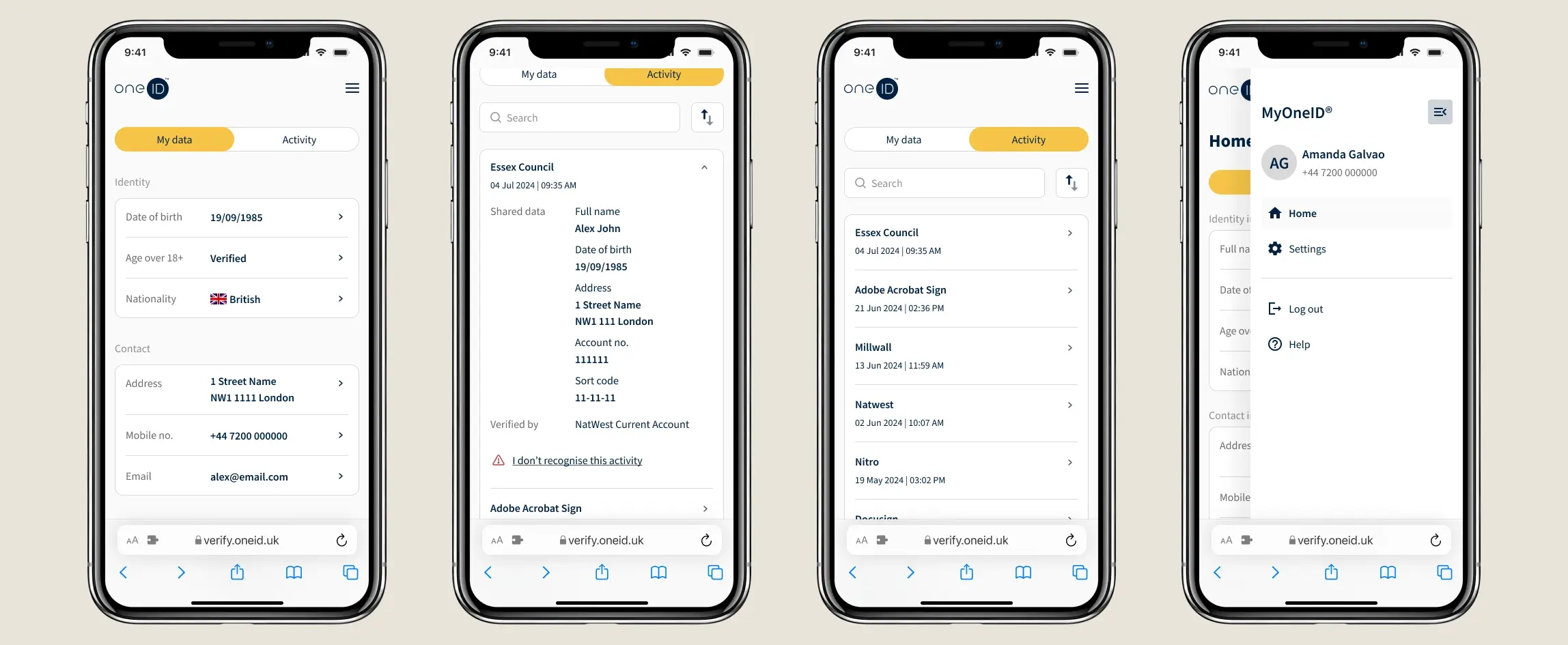 MyOneID screens