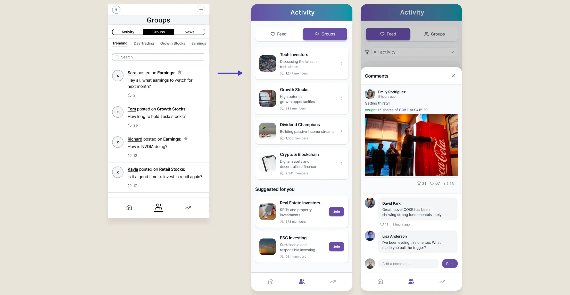 Feed & social — wireframe to final UI