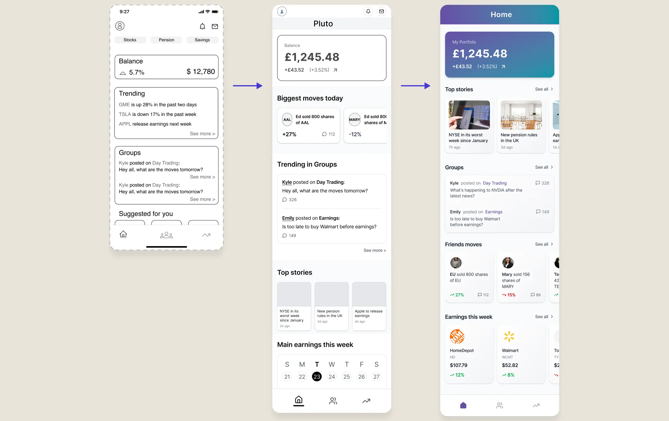 Home screen — wireframe to final UI