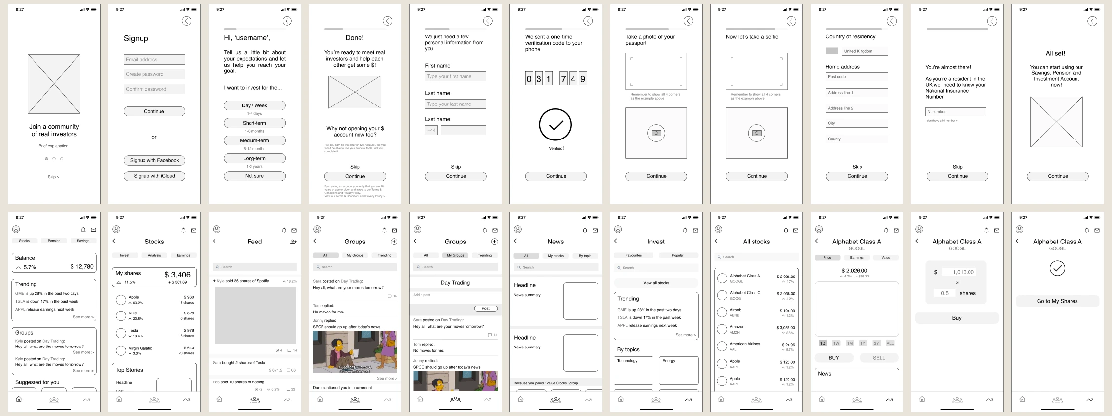 Initial wireframes — key screens