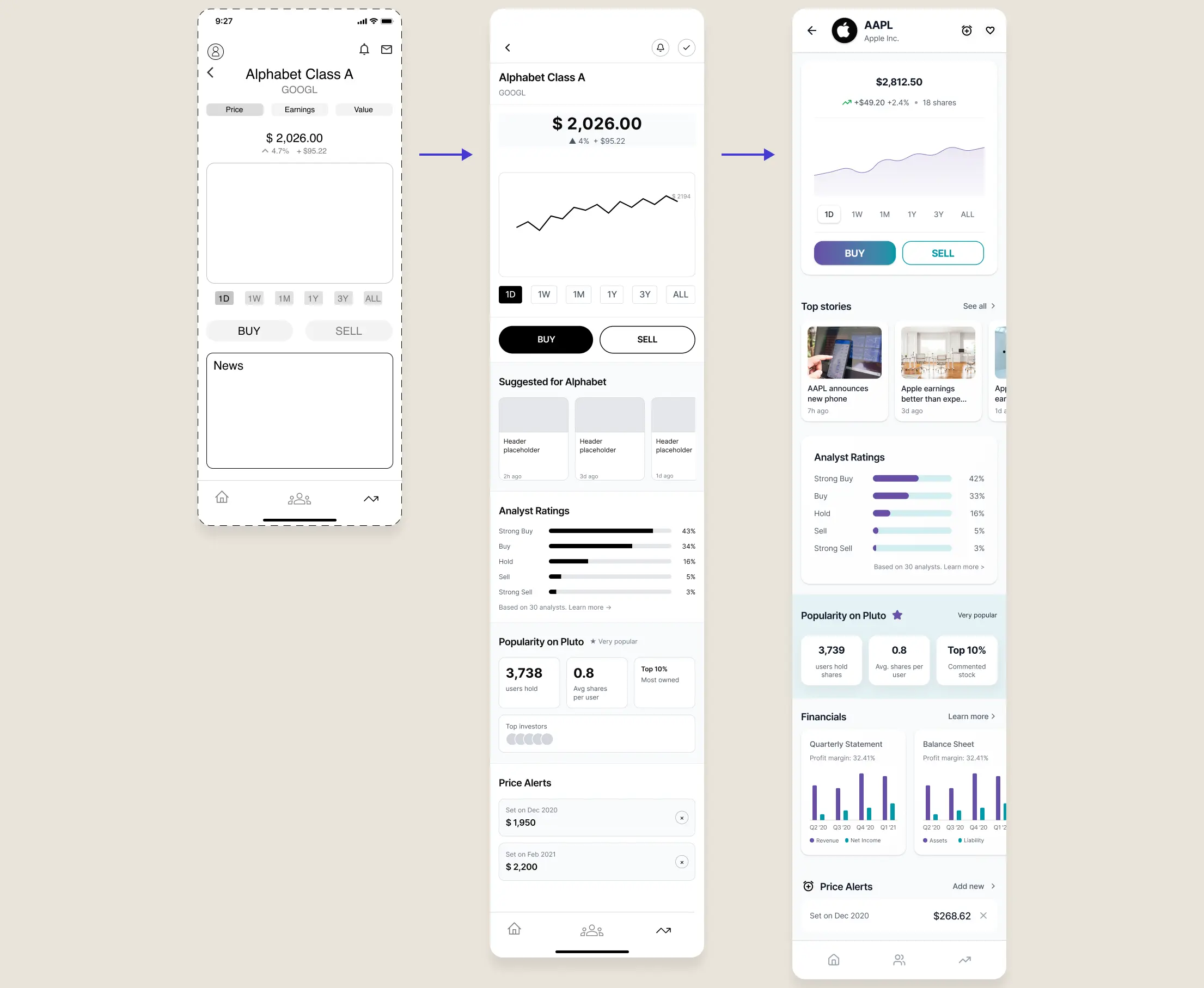 Stocks screen — wireframe to final UI